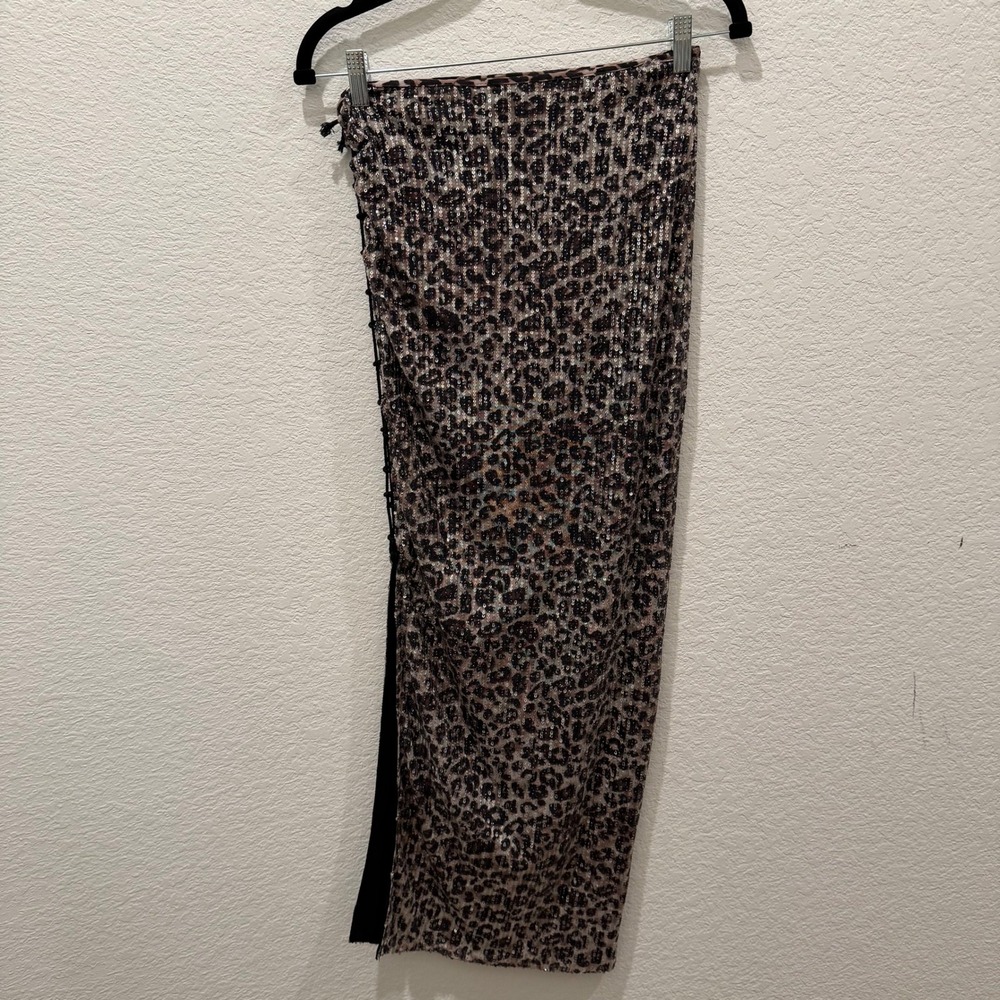 Nasty Gal Leopard Print Sequin Lace Up Side Slit Midi Skirt Brown Small